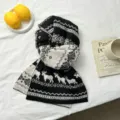Winter knitted scarf with elk pattern, thick warm wool scarf, cozy holiday fashion accessory. - Elk Black (zz25111906) / Black