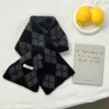 Black gray argyle wool scarf beanie set detail, cozy winter knitwear, flat lay display. - 88*16cm / Black