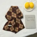 Winter warm brown argyle knit wool cross scarf detail view, cozy winter accessory gift. - 88*16cm / Brown