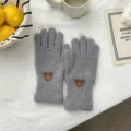 Cute grey fuzzy plush winter gloves with cute bear patch, thick warm split-finger detail shot. - 26*10cm / Gray