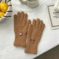 Cute plush brown winter gloves with bear patch, soft warm fleece mittens for daily wear. - 26*10cm / Caramel color