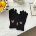 Black plush winter gloves with cute bear leather patch, warm thermal split-finger mittens. - 26*10cm / Black