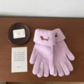 Detail view of cute puppy embroidered knit gloves, soft winter woolen texture for daily wear. - One Size / Pink Purple