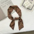 Gedetailleerd overzicht van een smalle bruine paisley haarsjaal en sjiek taslint. - Koffie