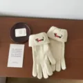 Cute puppy embroidered knitted gloves women winter warm thick touchscreen five-finger gloves - One Size / Off White