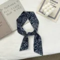 Detailed view of a stylish navy blue skinny scarf with retro paisley and polka dot print. - 06#-Navy Blue