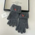 Grey knitted touchscreen gloves for women, warm winter five-finger mittens with cute puppy embroidery. - One Size / Gray