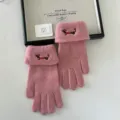 Cute pink knit gloves for women winter warm wool five-finger mittens with cute puppy embroidery - One Size / Pink