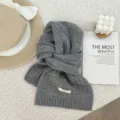 Cozy gray 100% wool knitted plaid scarf detail view, soft warm winter neckwear accessory. - 146x22cm / Gray