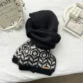 Sciarpa in maglia nera e bianca da donna, motivo geometrico retrò caldo per l'inverno. - 160*19cm / Nero
