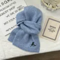 Soft knit blue winter scarf detail, cozy warm Korean style couple neckwear with embroidery. - 170*24cm / Blue