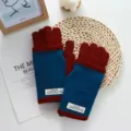 Detail shot of stylish color-blocked winter knit gloves, thick and warm for women wear. - 22*9cm / Azure Blue