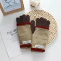 Detail view of women's color-block knit gloves, warm woolen material with touchscreen fingertips. - 22*9cm / Khaki