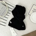Black pure wool knitted scarf, winter thick warm neckerchief accessory detail view. - 142*22cm / Black