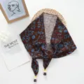 Retro floral print tie triangle scarf shawl with bead tassel detail for women layering. - 124*26cm / Dark Brown