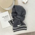 Dark grey wool knitted scarf with white stripes, winter warm thick neck wrap for women. - 160x21cm / Gray