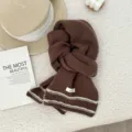 Brown knitted wool scarf with striped hem detail, cozy winter neck warmer for cold weather. - 160x21cm / Brown