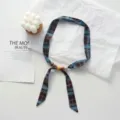 Blue plaid fabric ribbon necklace with wooden beads, stylish choker sweater accessory. - Sky Blue Plaid (06#) / 45x2.5cm