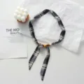 Plaid ribbon necklace with wooden beads, fabric choker scarf for women stylish sweater accessories - Navy Plaid (05#) / 45x2.5cm
