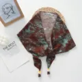 Retro leaf print tie scarf detail shot, elegant decorative waist skirt scarf accessory. - 124*26cm / Brown