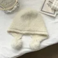 Cozy fleece balaclava hat with ear flaps and cute pom-poms, soft winter warm knit hood for women. - One Size / Off White