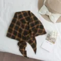 Vintage brown plaid scarf, lightweight geometric headscarf and stylish neckerchief for women. - Orange Plaid