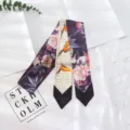 Foulard en soie étroit et chic pour femme, imprimé floral oiseaux élégant ruban cou. - 130x7cm / Violet Beige Floral Oiseau (Style 6)