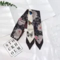 Foulard en soie étroit et chic pour femme, ruban floral papillon pour l'été et le cou. - 130x7cm / Blanc Crème Papillon Floral (Style 1)