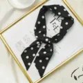 Black and white polka dot small silk scarf ribbon, elegant handbag accessory hair tie. - Polka Dot Ribbon / Black