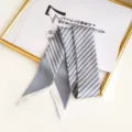 Grey white striped skinny twilly scarf detail, chic handbag ribbon and neck ribbon accessory. - 90cm*5cm / Small Ribbon 05-07