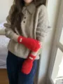 Χειμερινά ζεστά γάντια μισού δαχτύλου από βελούδο, χαριτωμένο πλεκτό σχέδιο για γυναίκες. - Ένα μέγεθος / Κόκκινο