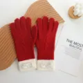 Women winter red knitted gloves color block warm thermal touch screen cold weather gloves - 26*12cm / Red