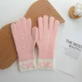 Pink colorblock knit gloves with white cuffs and cute letter patch, cozy winter handwear. - 26*12cm / Pink