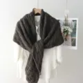 Close-up detail of dark brown cable knit shawl scarf, cozy textured winter woolen wear. - 200x63cm / Grey Brown