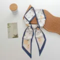 Floral print narrow silk scarf for women, trendy long decorative neckerchief and hair ribbon. - 100*9cm / Dark Blue