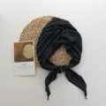 Detailed view of women's dark plaid artistic thin triangular neck scarf with cute tassels. - 100 x 27 cm / Navy Blue