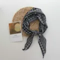 Plaid triangle scarf lightweight literary style stylish neckerchief for women detailed view - 100 x 27 cm / Dark Blue