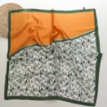 Floral silk square scarf for women, elegant orange and green color block neck scarf detail. - 68x68cm / Orange