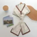 Elegant narrow silk scarf for women, botanical floral print with brown border, perfect chic ribbon. - Wheat Print (02#)