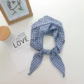 Detail view of a vintage blue and white plaid headscarf, soft cotton fabric neckerchief. - 90*27cm / Blue Plaid (02#)