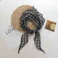 Japanese plaid linen triangle scarf breathable lightweight summer neckerchief women - Black / 100*30cm