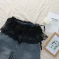 Denim black lace ruffle layered skirt extension, chic Japanese Korean style tie waist apron. - One Size / Black Three Layer Ballet Style