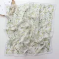 Detail view of French vintage botanical square scarf with delicate bird and berry patterns. - Green Fruit Style