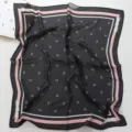 French vintage black square scarf with pink border and elegant bow accents for women stylish. - C-Shaped