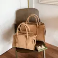Retro suede Boston bag, stylish women's casual handbag and versatile shoulder bag variant. - L / Khaki