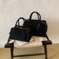 Vintage black suede Boston handbag for women, casual minimalist top-handle shoulder cross-body bag. - L / Black