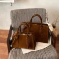 Brown suede Boston handbag, casual retro shoulder bag and top handle bag for women daily use. - L / Brown