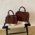 Retro matte texture Boston handbag for women, versatile brown suede casual shoulder crossbody bag. - L / Coffee