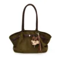 Retro Wildleder Shopper Tasche für Damen, große Schultertasche mit süßem Bärenanhänger. - Ohne Anhänger / Grün
