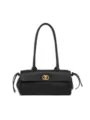 Black quilted leather shoulder bag with long straps and gold clasp for women, vintage style. - Black